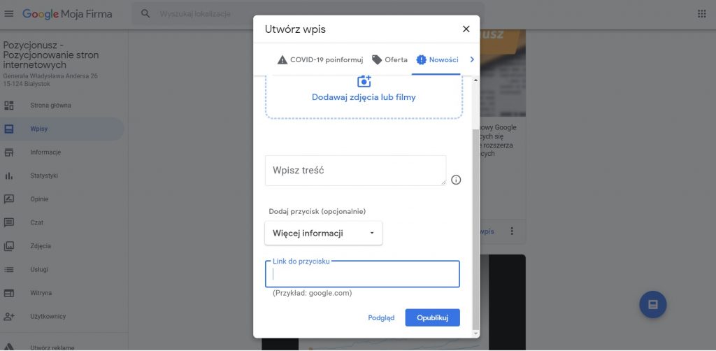dodawanie wpisu w google moja firma z CTA